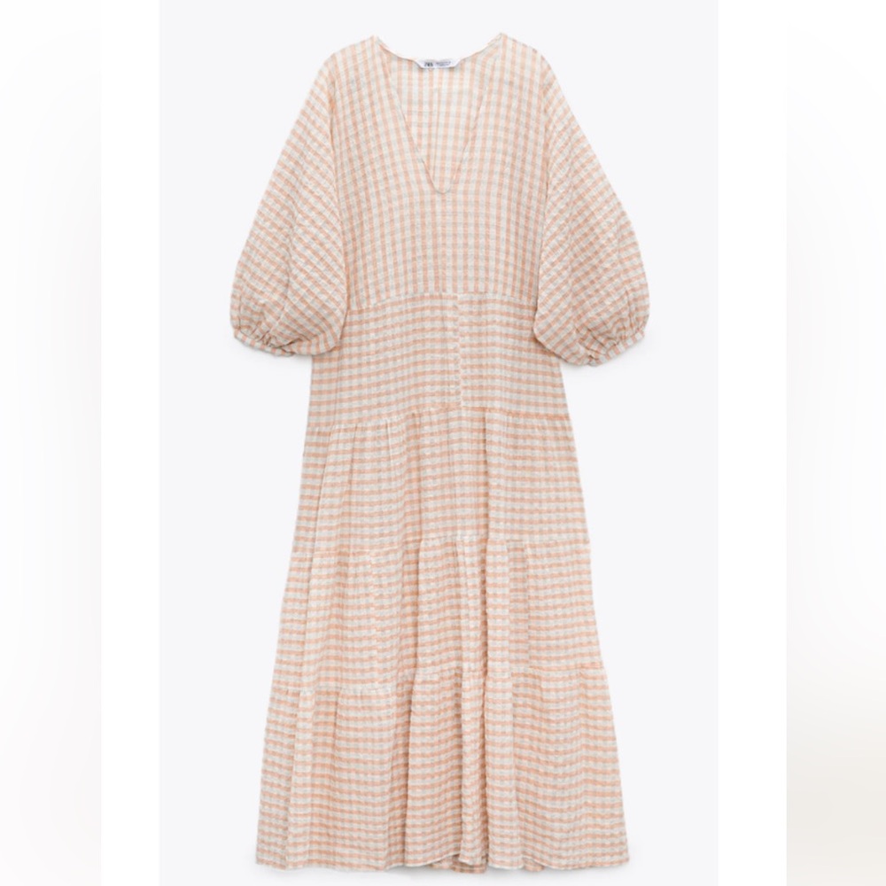 Zara Voluminous Balloon Sleeve Midi Dress XL checkered cotton unlined